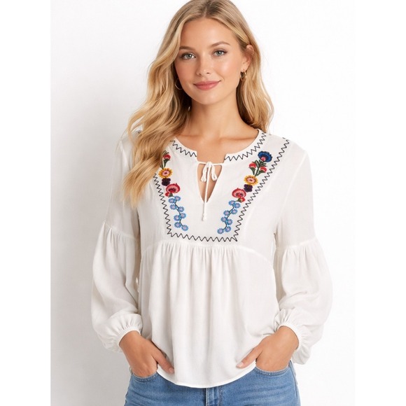 The Impeccable Pig Tops - The Impeccable Pig Peasant White Floral Embroidered Babydoll Tunic Top Boho